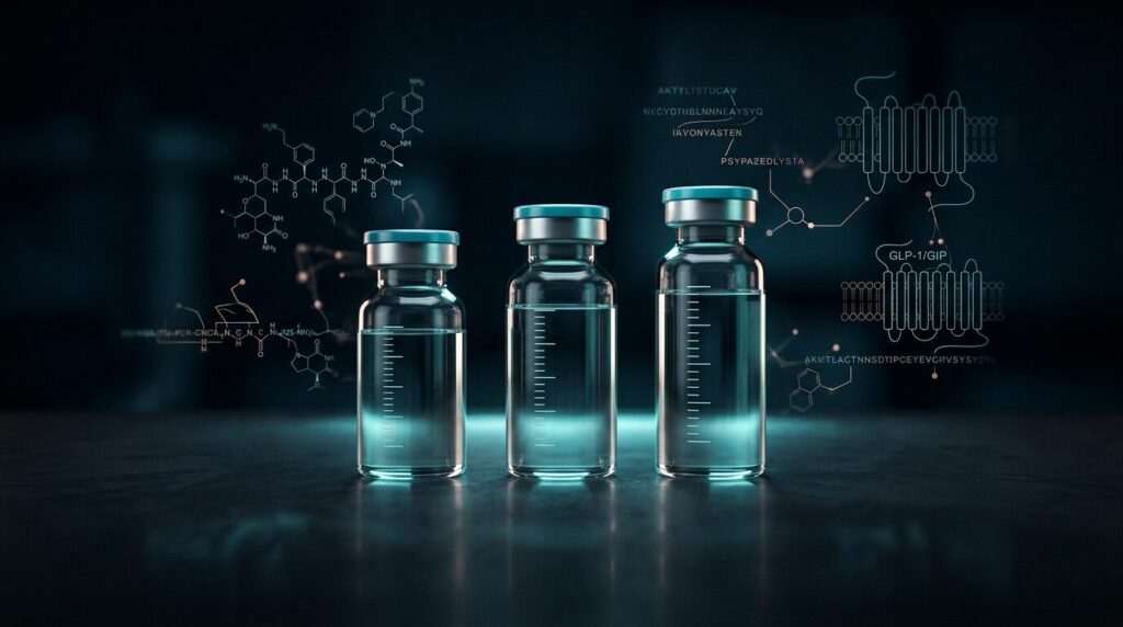 GLP-1 research peptides — semaglutide, tirzepatide and retatrutide research vials with molecular line-art