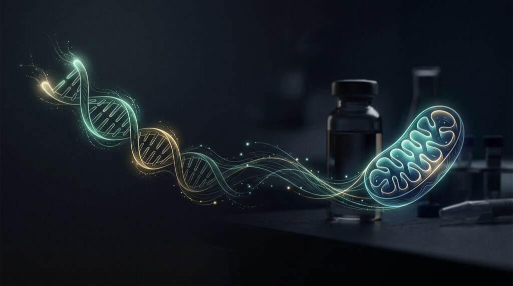 Longevity research peptides — DNA telomere helix transitioning to a mitochondrion