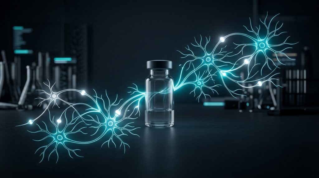 Semax nootropic research peptide vial with glowing neuron network