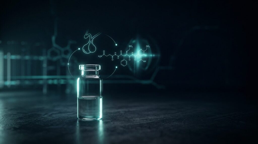 Sermorelin GHRH(1-29) research peptide vial with pituitary signalling motif