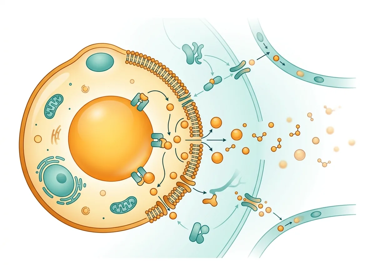 Illustration of fat metabolism and lipolysis in adipocytes, studied in AOD-9604 research