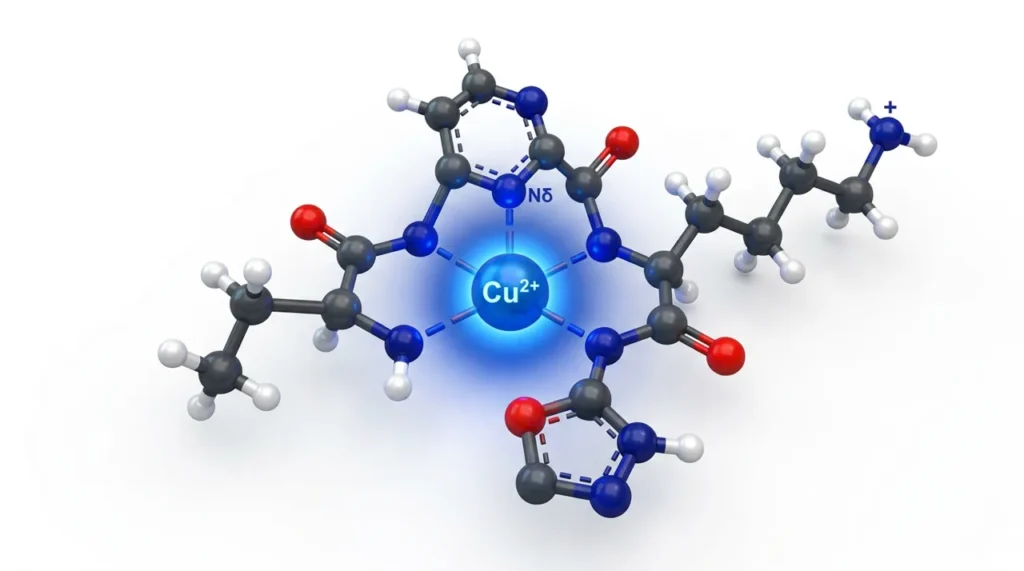 GHK-Cu copper tripeptide (glycyl-histidyl-lysine) molecular structure with a bound copper(II) ion