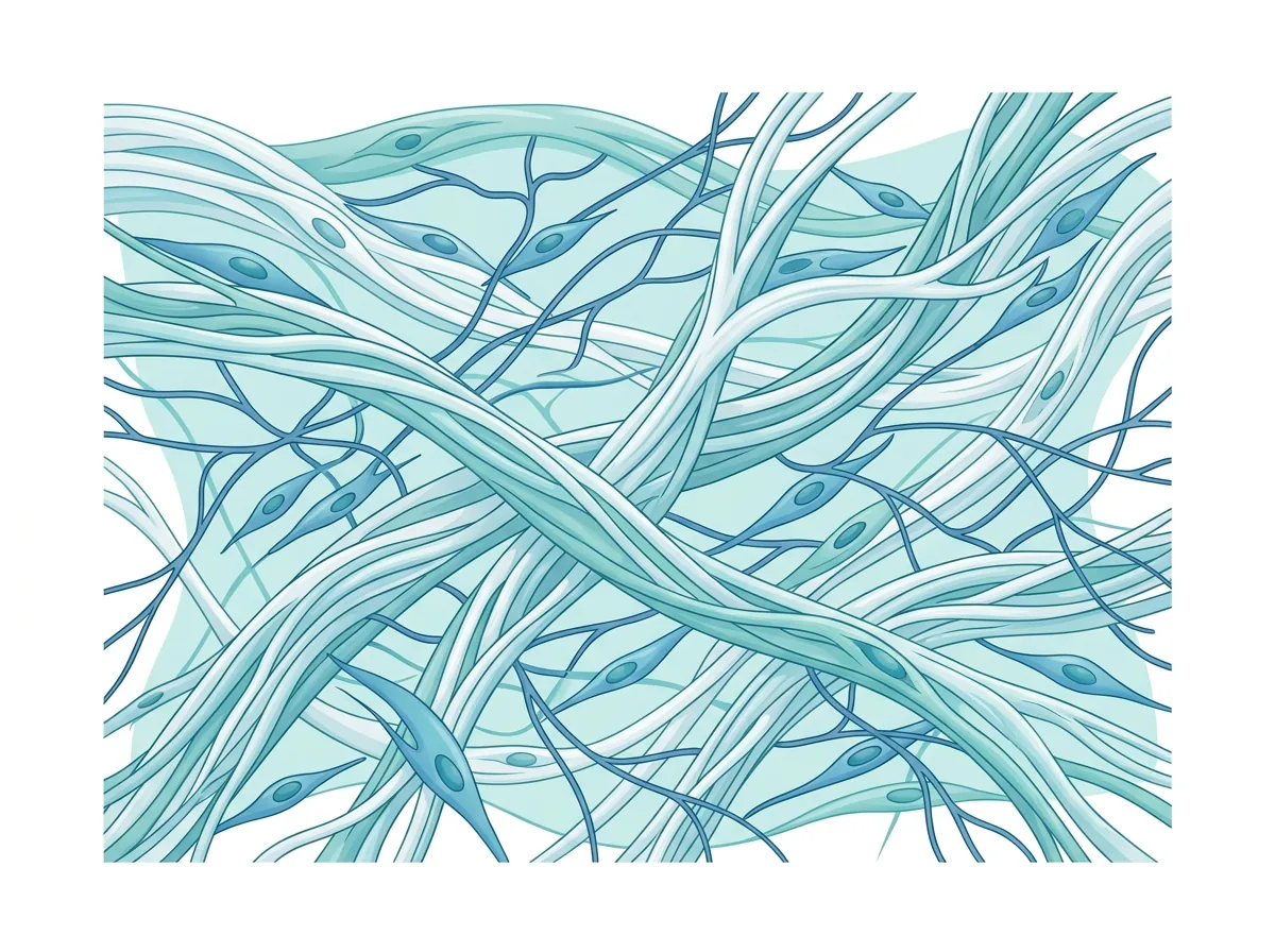Illustration of skin extracellular matrix with collagen and elastin fibers, an area studied in GHK-Cu research