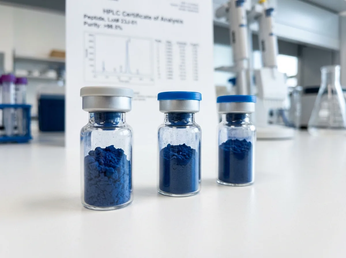 Vials of lyophilized GHK-Cu research peptide beside an HPLC certificate of analysis in a laboratory