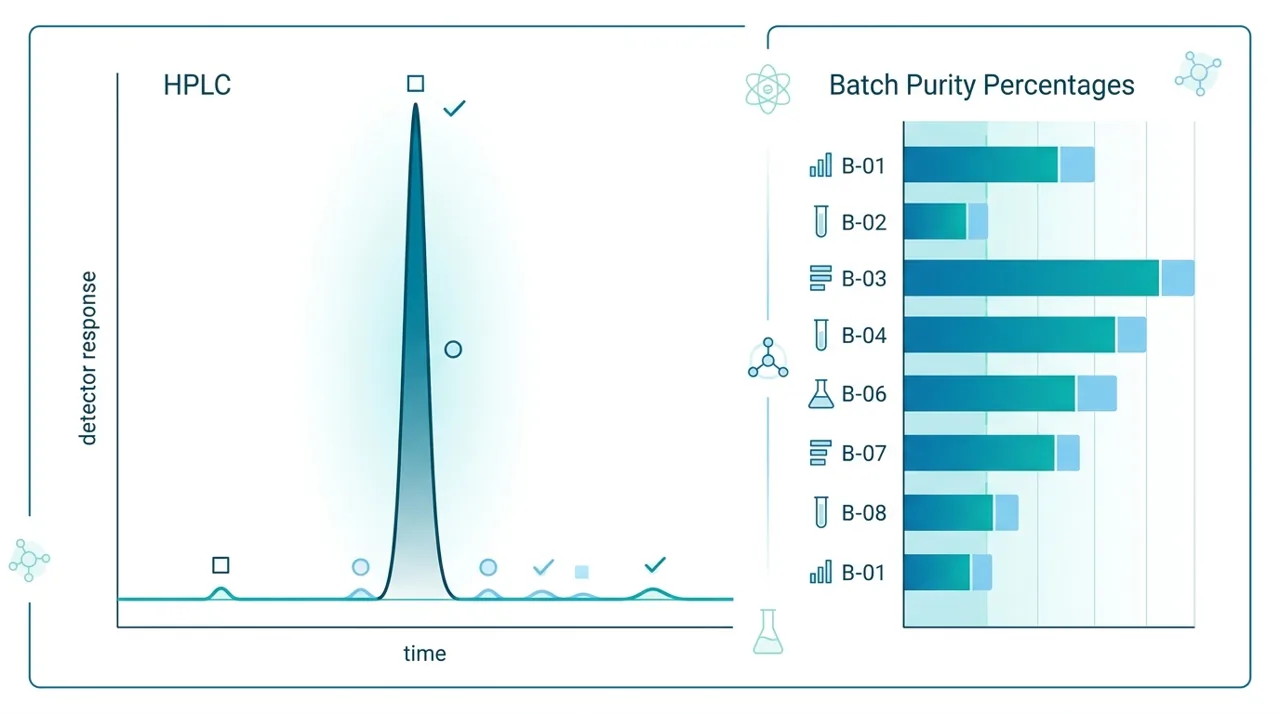 Bar chart of independent Janoshik HPLC purity percentages across Bastion peptide batches