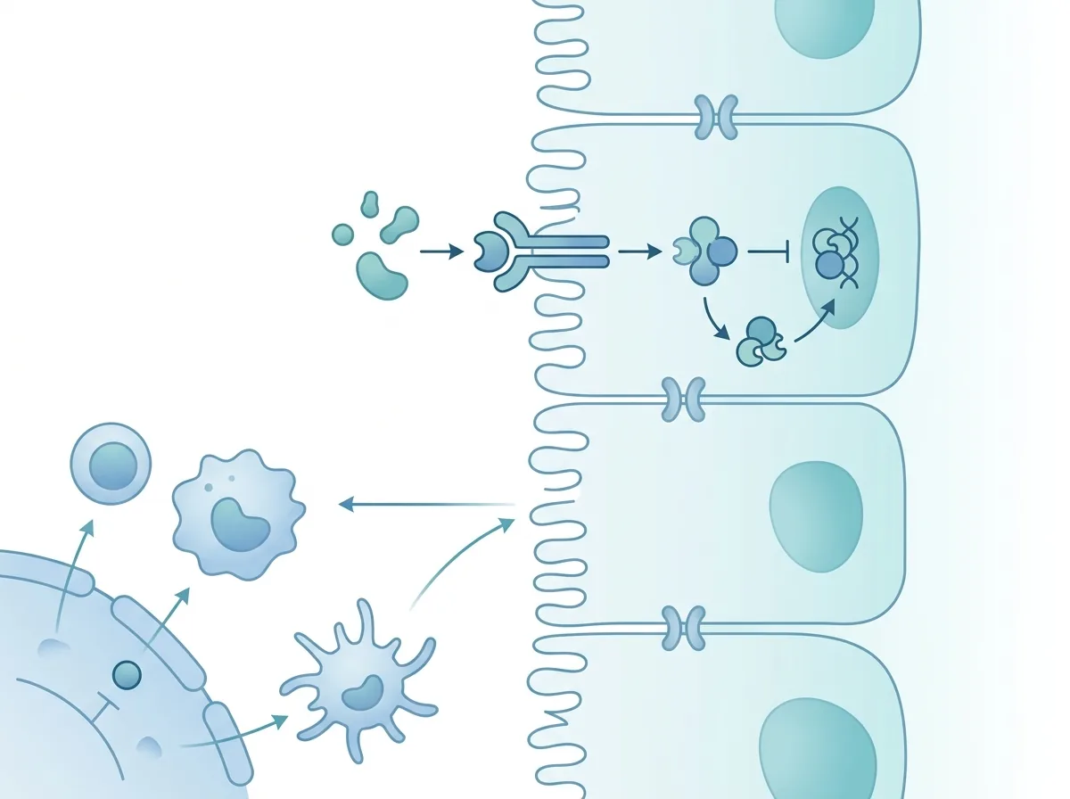 Illustration of anti-inflammatory cellular signaling in gut epithelial tissue, studied in KPV research