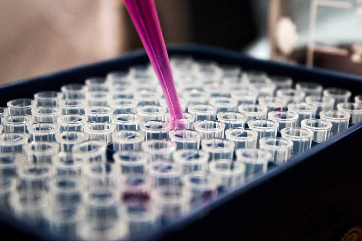 Research peptide vials in a laboratory setting used for compound research