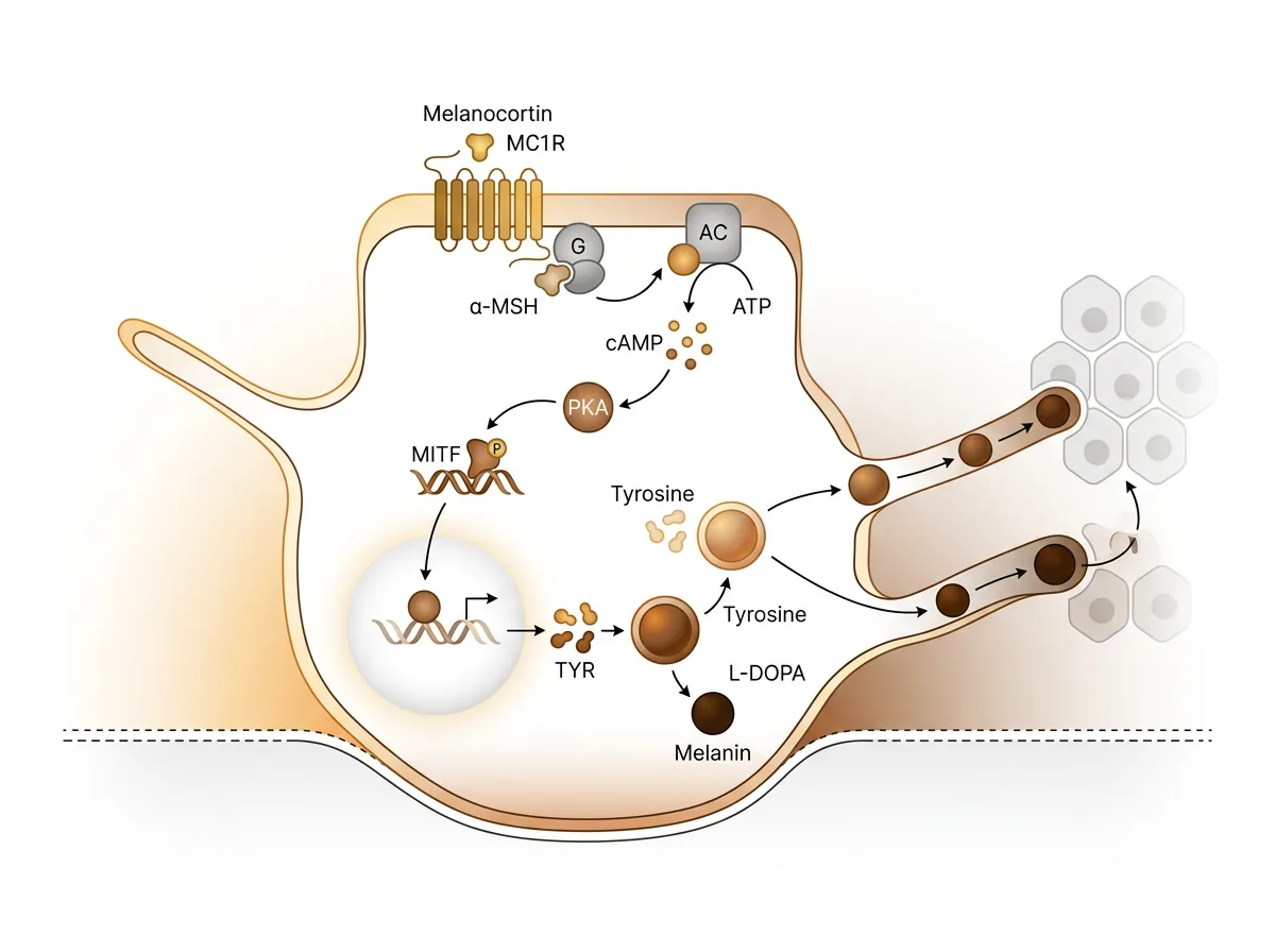 Illustration of melanocortin receptor signaling and melanin production in melanocytes, studied in Melanotan II research