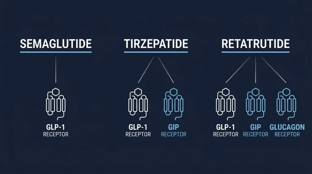 Semaglutide vs tirzepatide vs retatrutide research compound comparison chart 2026