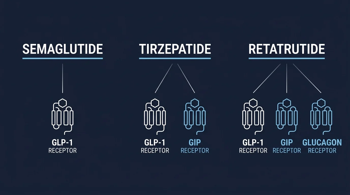 Semaglutide vs tirzepatide vs retatrutide research compound comparison chart 2026