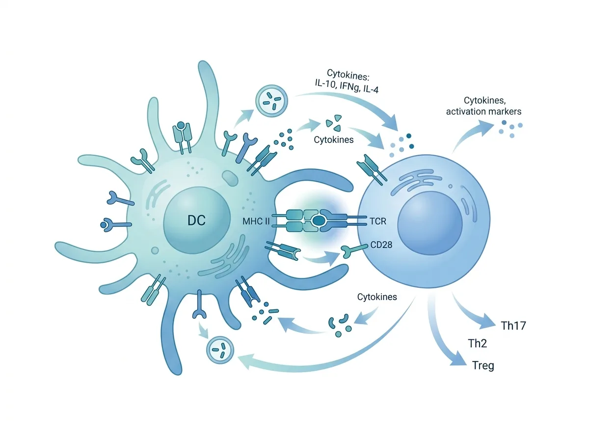 Illustration of immune modulation with T-cells and dendritic cells, studied in Thymosin Alpha-1 research