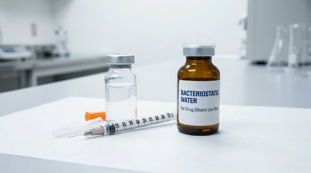 Research vial, insulin syringe, and bacteriostatic water used for a peptide reconstitution calculator demonstration