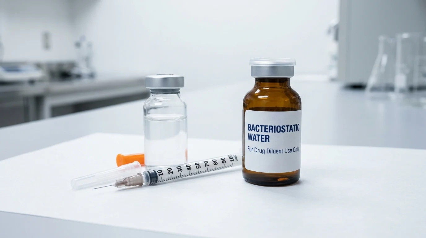 Research vial, insulin syringe, and bacteriostatic water used for a peptide reconstitution calculator demonstration